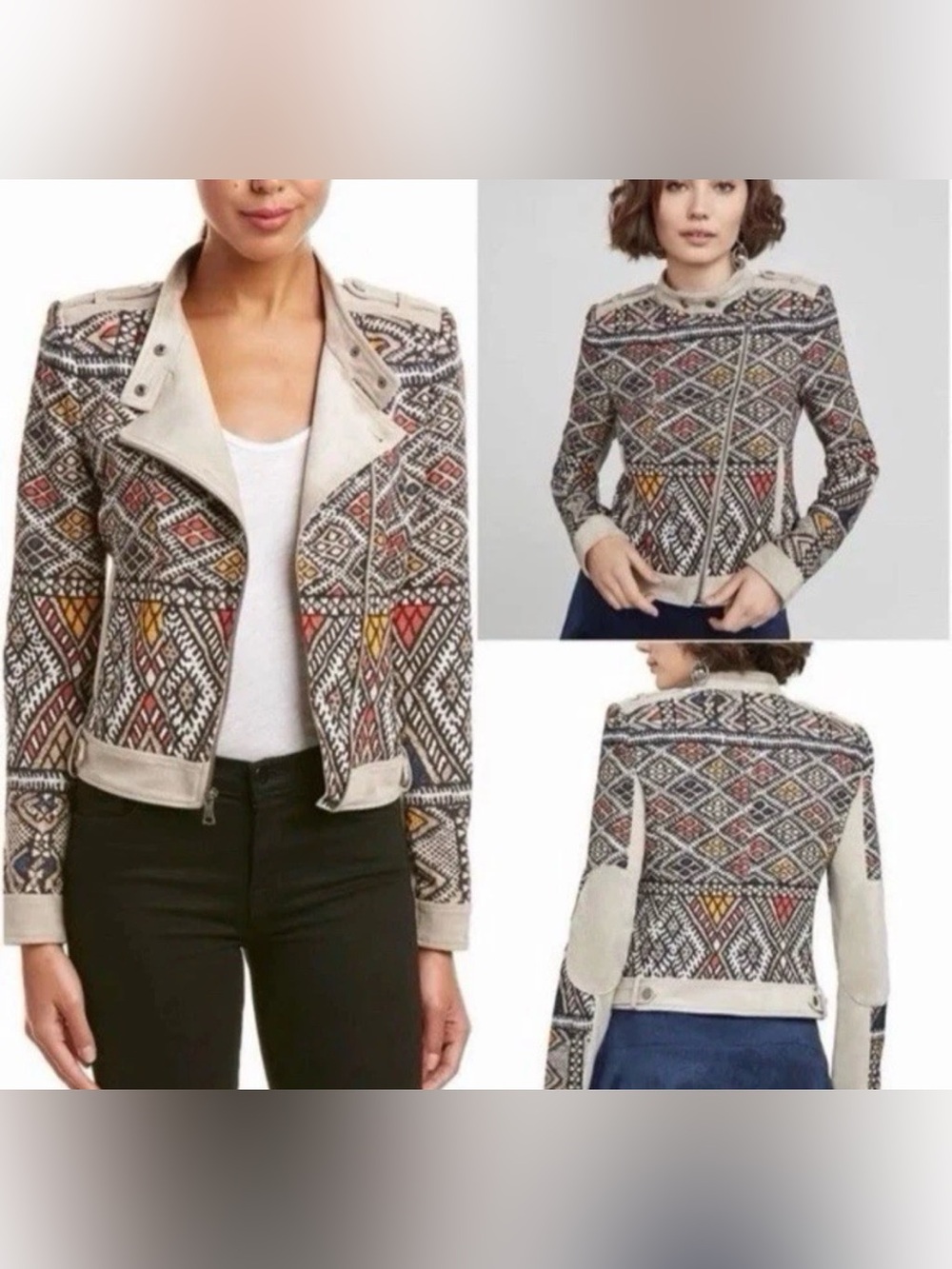 BCBG Max Azria Ziggy Woven Moto Jacket with Aztec/Tribal Pattern Bohemian SZ XS